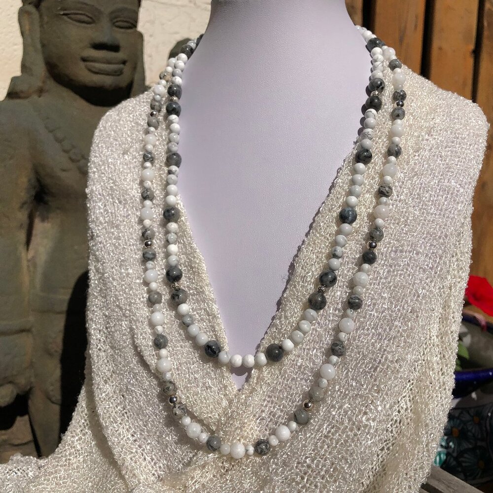 Two-strand natural stone & sterling silver beaded necklace (white/grey)